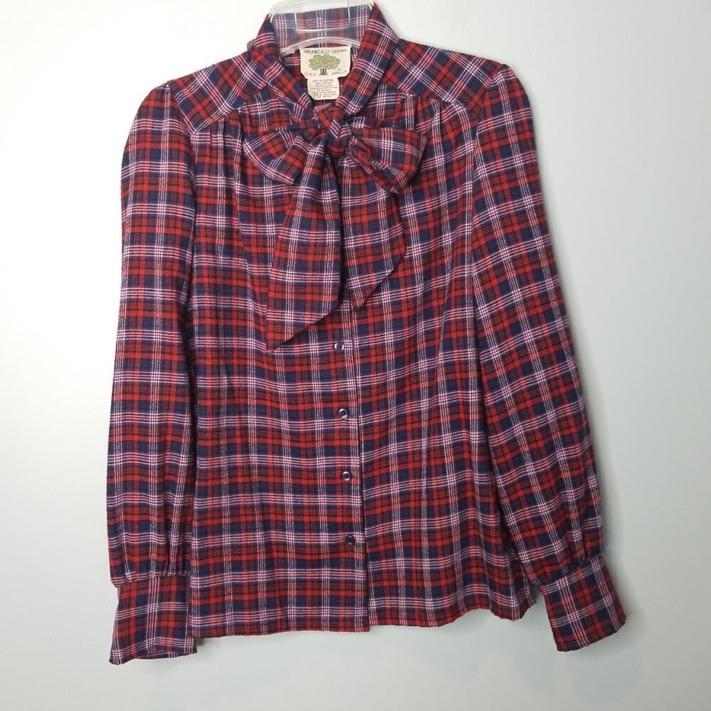 Vintage Organic red plaid button down Large 70s secretary teacher